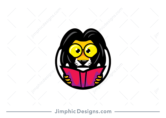 Brainy lion wearing big round geeky reading glasses is holding an open book.