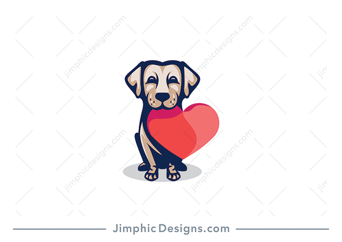 Cute dog in a sitting position bites down on a big iconic heart and holds it to his chest.