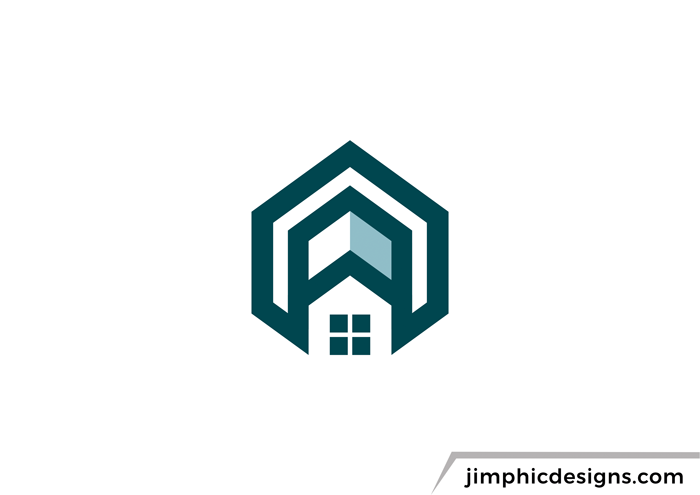 Simple house design inside a letter A design, inside a block shape.