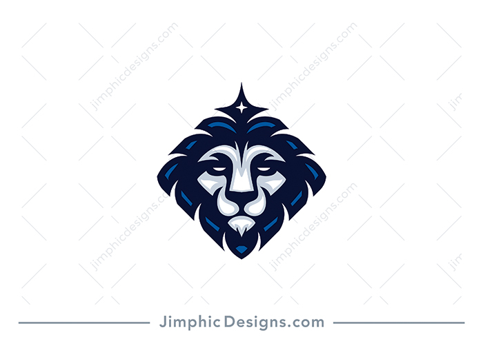 Modern lion face with mane and a crown on top is perfectly shaped into a rounding diamond shape.