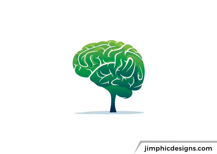 Tree logo with a human brain shaping the branches. Graphic to represent knowledge and power growing.