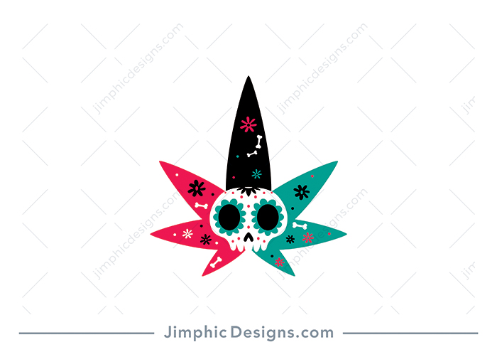 Charming Mexican skull inside an iconic cannabis leaf featuring small bones and flower graphics.