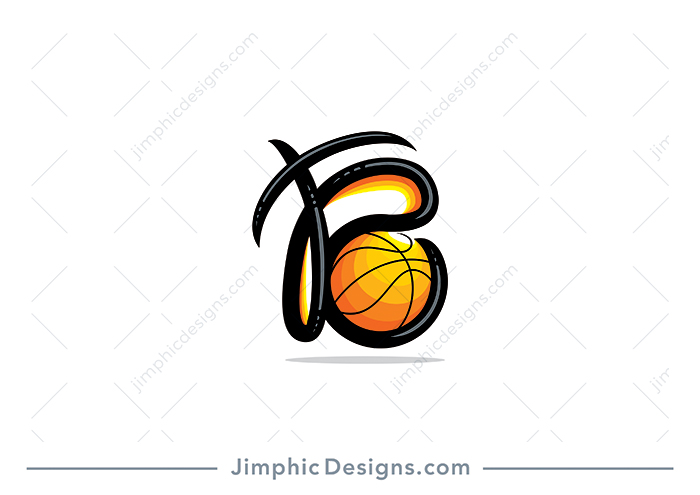 Smooth cursive type uppercase letters B and T incorporated into each other featuring a basketball inside.
