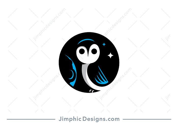 Modern and clean owl sitting in the night time with the moon and stars in the background, lifting his one eye brow.