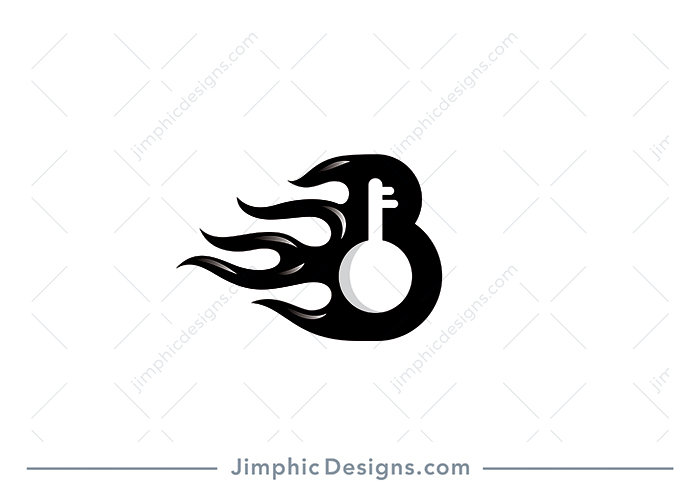 Modern uppercase letter B design featuring a key in white negative space and flames in a moving direction.