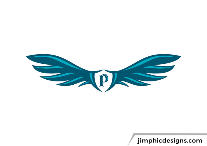 Two wings shaped a negative space crest with the letter P inside