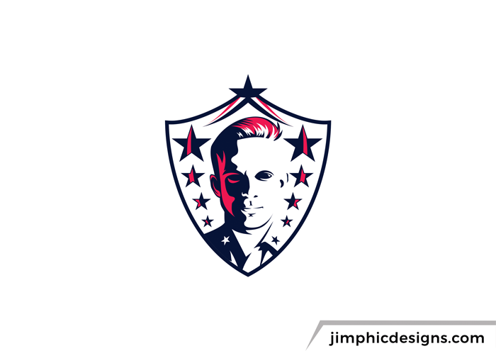 Military soldier standing strong inside a crest with stars