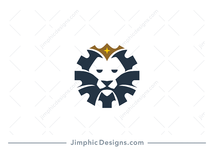 Iconic gear symbol is shaped around the lion's face as the mane and creating a crown on top.