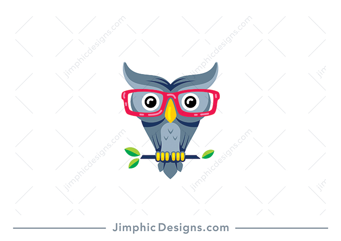 Modern owl with his eye stretched wide open and red reading glasses on his face.