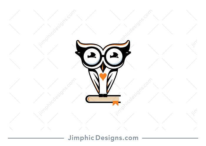 Cute little owl bird with big reading glasses on his face while sitting on a closed book.