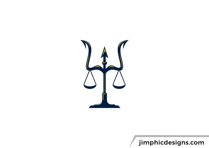 Trident spear holding the scales of justice.