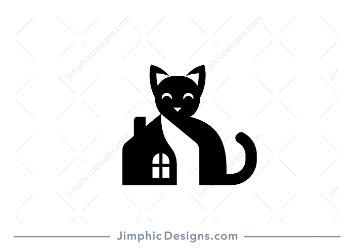 Modern and simplistic cat in a sitting position and smiling, with a little house in front.