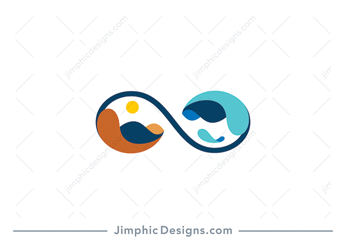 Modern and simplistic infinity symbol creates abstract landscapes with dunes and coastal waves.