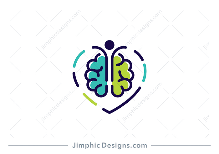 Modern and simplistic brain is shaped with an iconic figure jumping with joy in the center and completes a big heart that surrounds everything.