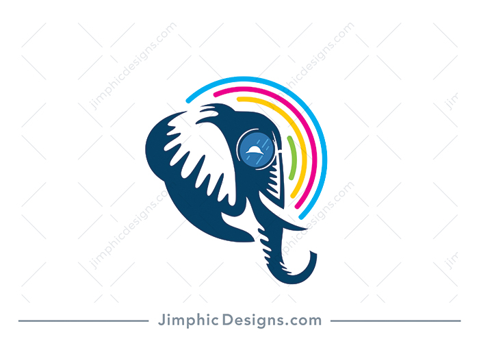 Happy elephant with big reading glasses inside a circle shaped with a rainbow.