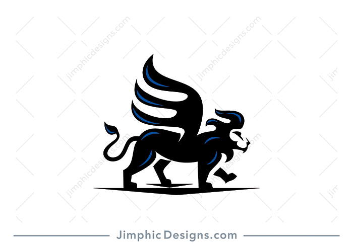 Strong lion animal in a walking position featuring a big set of wings attached to his back.