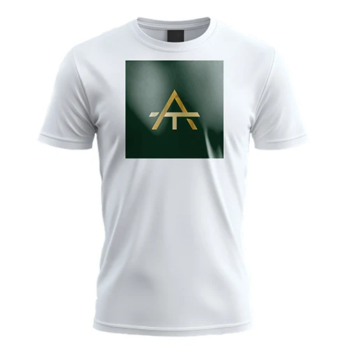 A And T Letters Logo logo on a white t-shirt mockup