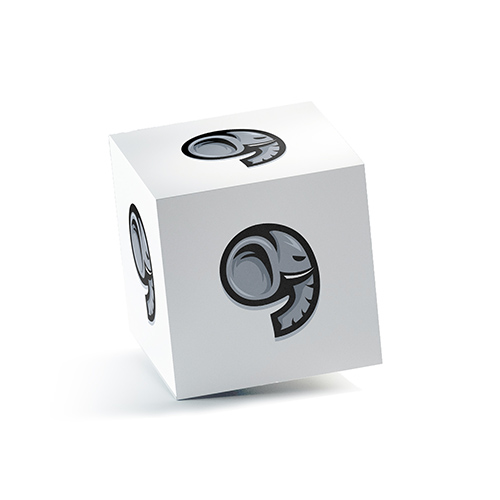 Comma Elephant Logo logo on a 3D square box mockup