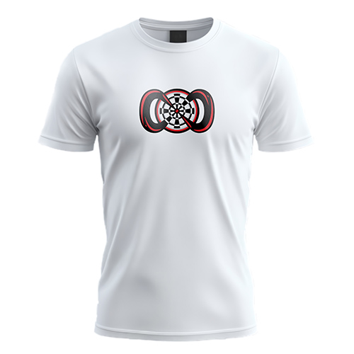 Infinity Dartboard Logo logo on a white t-shirt mockup