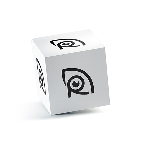 Letter R Eye Logo logo on a 3D square box mockup