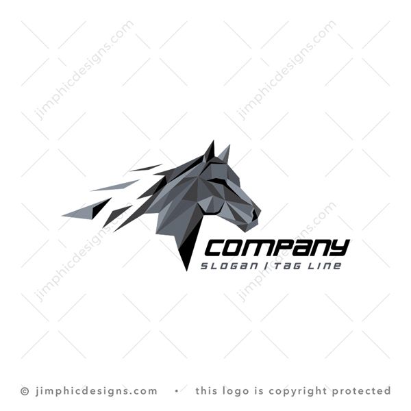 Horse Logo logo for sale: Modern horse head design is shaped with very sharp origami type graphics with some graphics trailing off to one side.