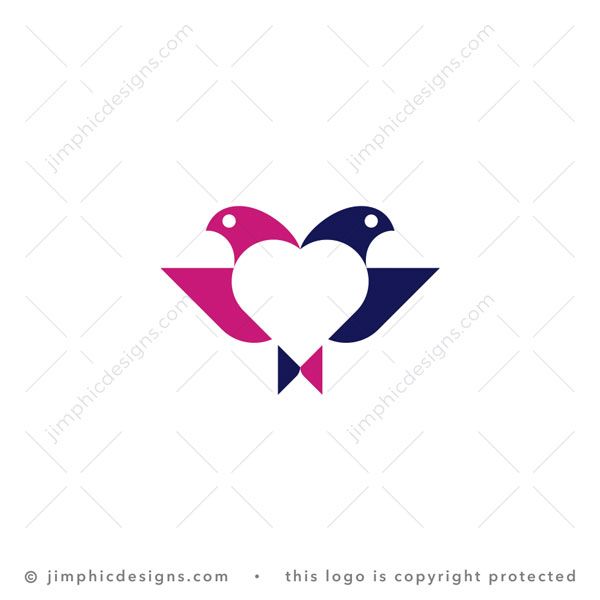 Love Birds Logo logo for sale: Two very simplistic birds flying in opposite direction creates a big white negative space heart in the center.