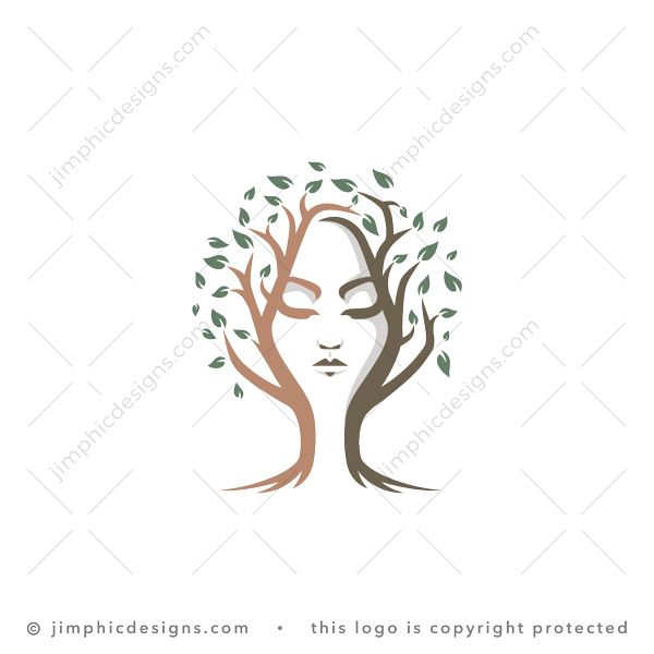 Female Tree Logo logo for sale: Female face is shaped inside the branches of a tree.