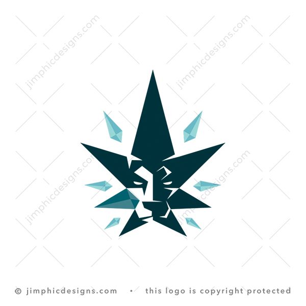 Lion CBD Logo logo for sale: Sharp lion face is shaped inside a cannabis leaf with diamonds jumping from the leaf.