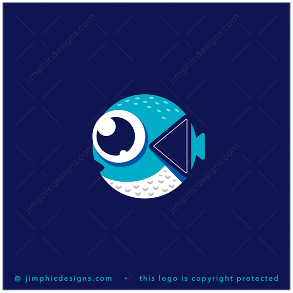 Play Fish Logo logo for sale: Simplistic little fish with big eyes have a big fin with the iconic media button design.