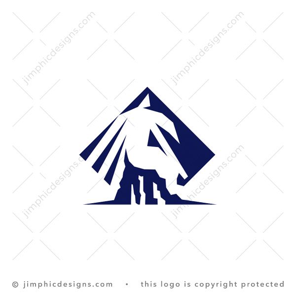 Horse Mountain Logo logo for sale: Big horse head is shaped into a diamond square and features a mountain at the bottom.