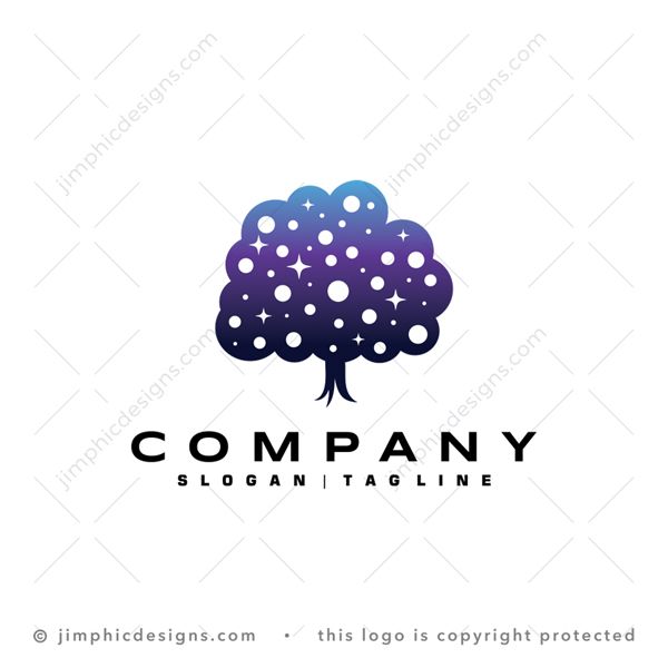 Galaxy Tree Logo logo for sale: Simplistic tree design featuring stars and smaller planets inside.