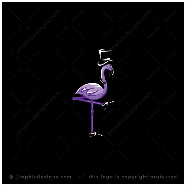 Formal Flamingo logo for sale: Modern flamingo bird standing on one leg is dressed formally in a top hat, monocle and shoes.