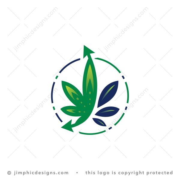 Cbd Arrows Logo logo for sale: Iconic cannabis leaf is separated into two sides with an arrow swoosh inside a circle.