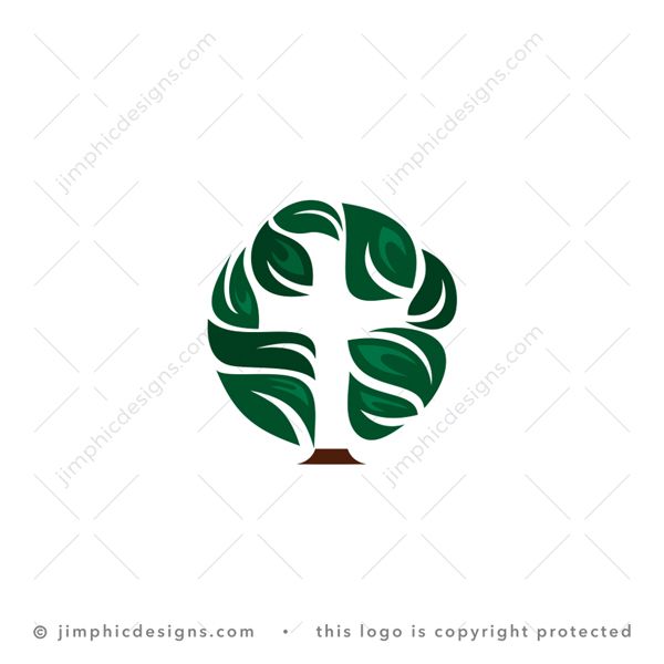Leaf Cross Logo logo for sale: Modern and elegant Christian cross is shaped with negative by leaves arranged in a circle.