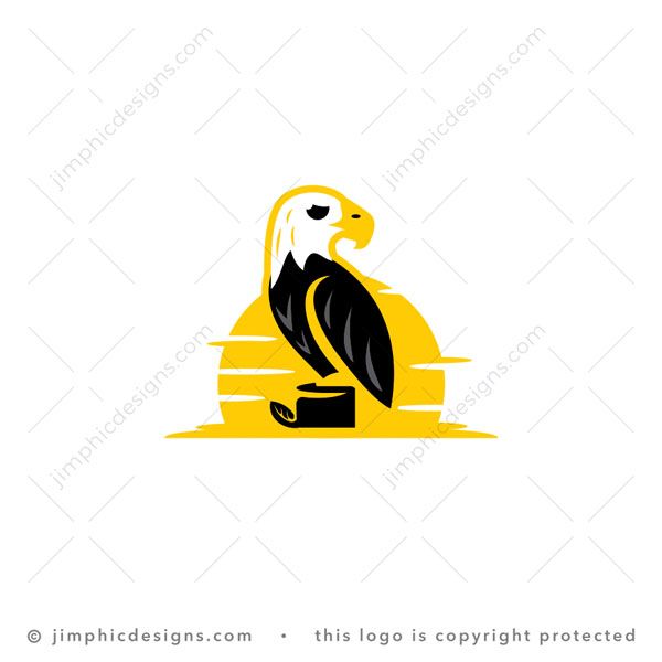 Sunrise Eagle Logo logo for sale: Simplistic bald eagle sitting on a round surface with the sun rising behind the bird.