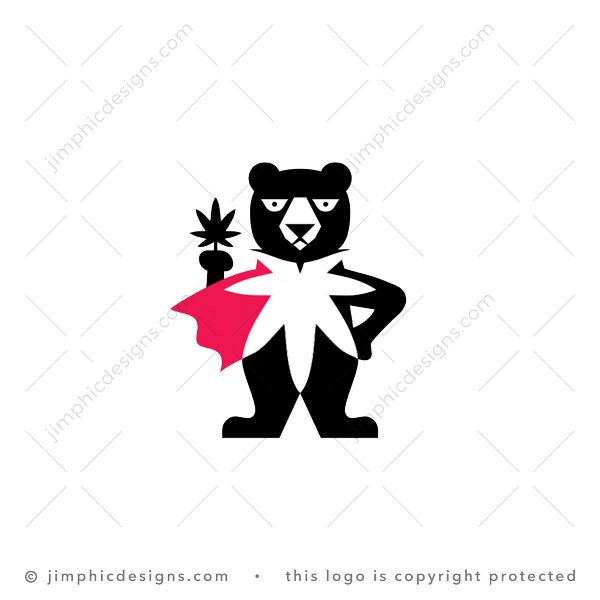 Hemp Bear Logo logo for sale: Simplistic bear with a big CBD leaf in the center of his body have a cape flying in the wind while holding a CBD leaf.