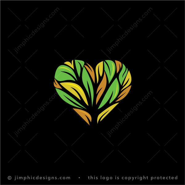 Heart Tree Logo logo for sale: A sleek tree trunk is shaped perfectly into the shape of a heart with leaves creating branches.
