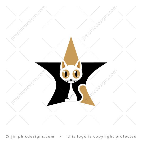 Cat Star Logo logo for sale: Cute cat in a sitting position is shaped inside a big star with white negative space.