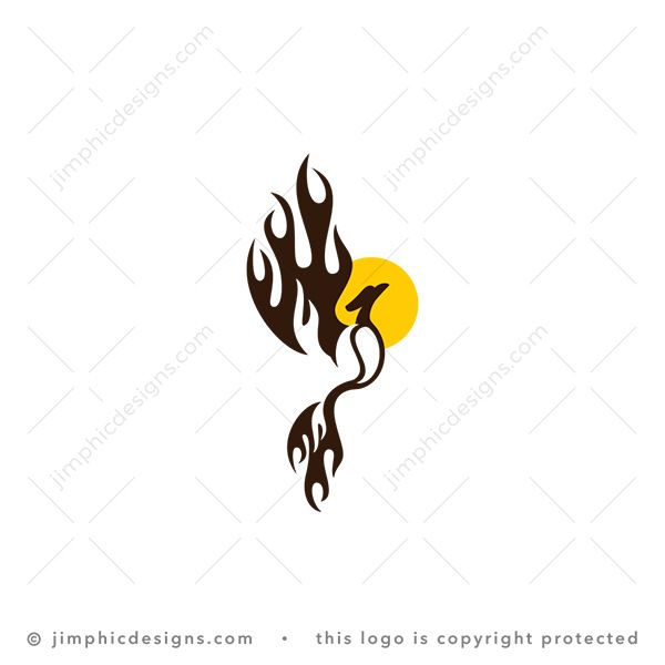 Phoenix Coffee Logo logo for sale: Sleek phoenix bird in the air seen from the side with wings made from fire shapes a white negative space coffee bean inside.