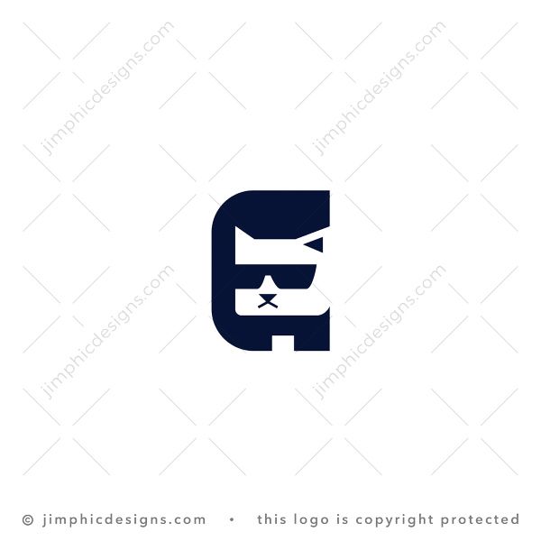 Letter E Cat Logo logo for sale: Sleek cat wearing sunglasses is shaped with white negative space inside a big uppercase letter E.