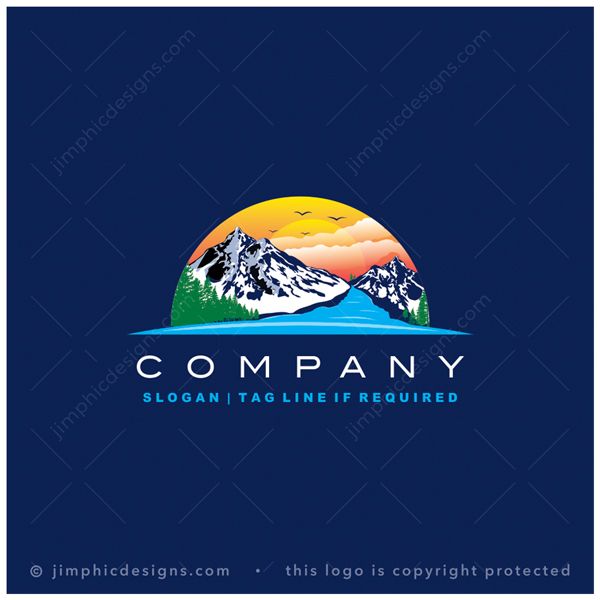 Mountain Logo logo for sale: Mountain range scene inside a semi circle shape featuring green forest trees and a water lake.
