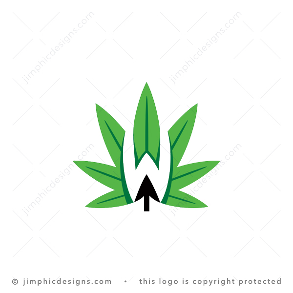 W Cannabis Logo logo for sale: Iconic cannabis leaf design with a negative space uppercase letter W design. The uppercase letter W shapes a mouse pointer at the bottom of the cannabis leaf. The negative letter W design leave a slight 3D effect of the green leaf.