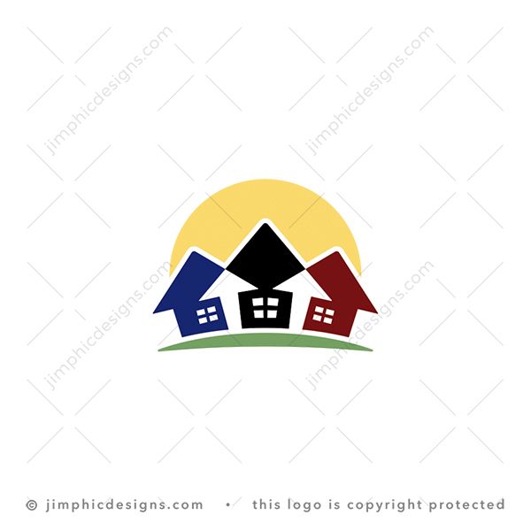 Arrow Homes Logo logo for sale: Two small houses are overlapping a big house in the middle and shapes two arrows pointing up, with a sun in the background.