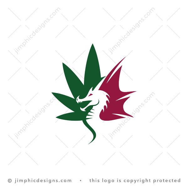 CBD Dragon Logo logo for sale: Big iconic CBD leaf features a dragon in the middle shaped with white negative space while the wing is shaped in the position of the leaves.