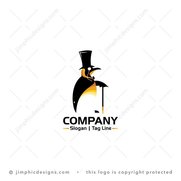 Penguin logo for sale: A very formal penguin with a big top hat on his head and a stylish walking stick in his fin. He is wearing a monocle on his eye and penguin suit on his body.