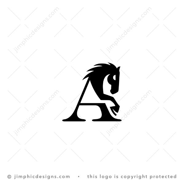 Letter A Horse Logo logo for sale: Sleek horse jumping from an uppercase letter A in serif type.