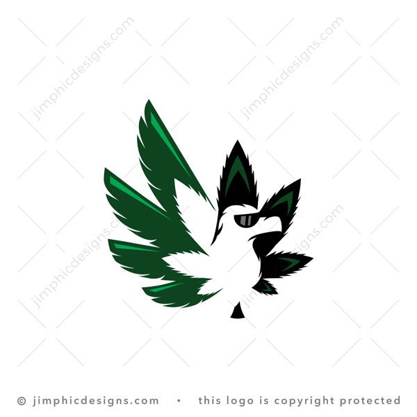 CBD Eagle Logo logo for sale: Sleek eagle bird head is shaped with white negative space inside a marijuana leaf while the other side of the cannabis leaf is shaped with white negative space inside the eagle's wing.