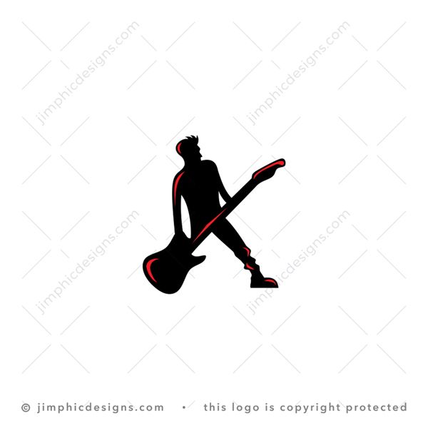 K Logo logo for sale: Simplistic person holding a big guitar and spreading his legs in the shape of a letter K.