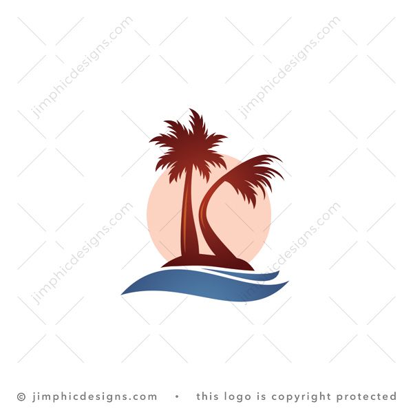 Tropical Letter K Logo logo for sale: Two palm trees on an island shapes a letter K with the sun behind them and the ocean below.