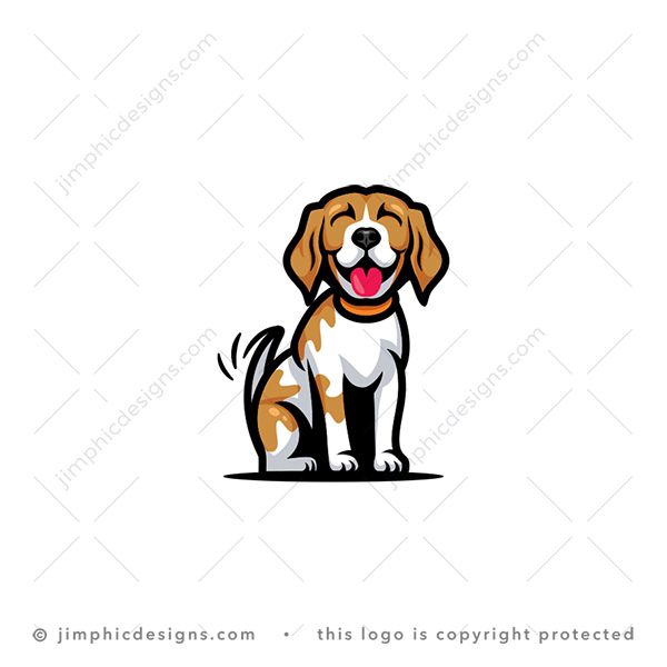 Happy Dog Logo logo for sale: Modern and cute little dog with a big smile on the dog's face in a sitting position and wagging it's tail.